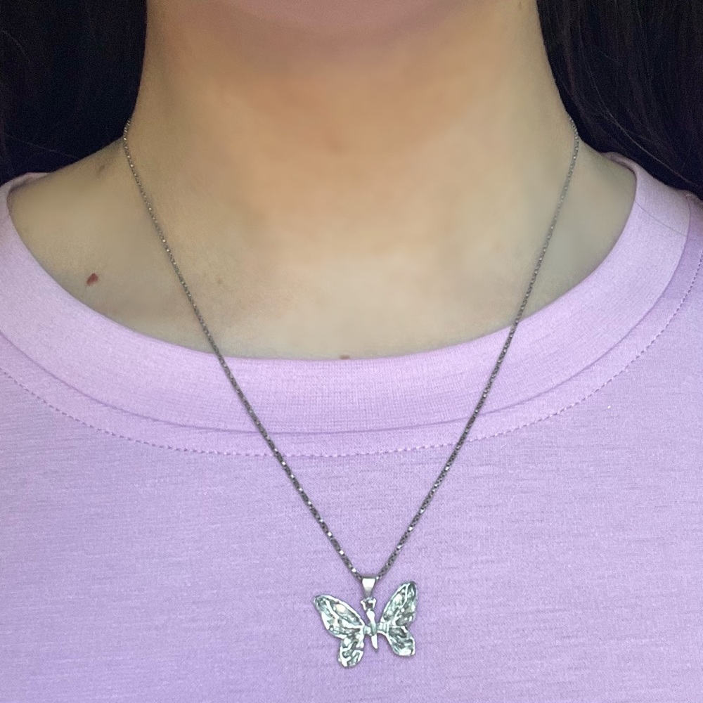 Butterfly Pendant Sterling Silver Oxidized Snake Style Chain Necklace